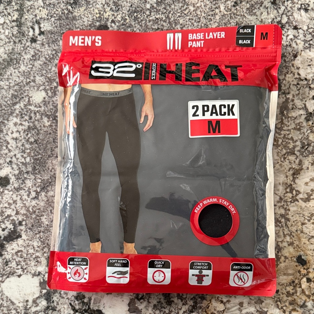 32 Degrees Men's Black Heat Base Layer Pants 2 Pack